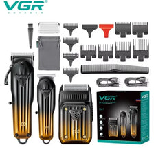 A set of professional combo hair clipper and trimmer tools in black and gold packaging.