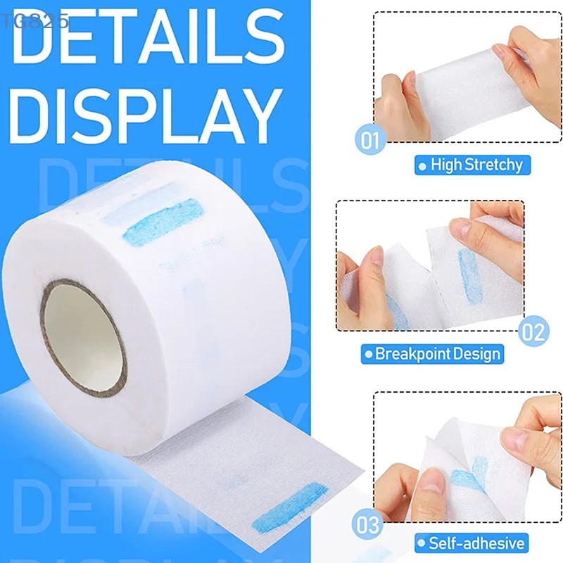 Roll of white self-adhesive dressing material showing details like high stretch, breakpoint design, and self-adhesive feature