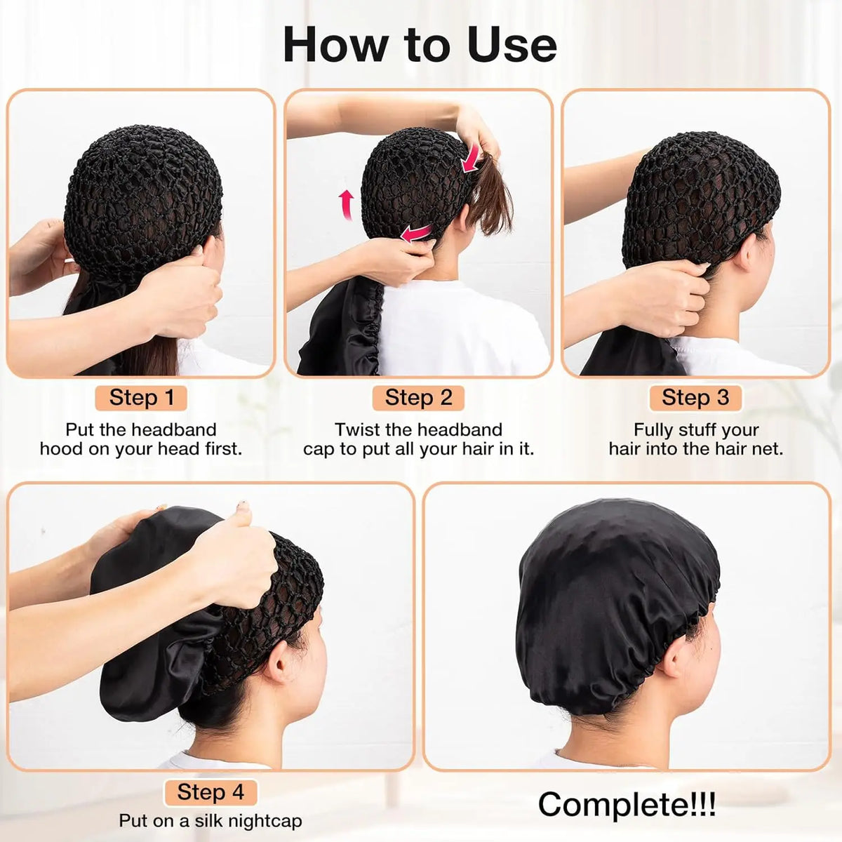 Step-by-step instructions showing how to use a reversible satin wrap cap bonnet for hair and sleeping
