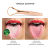 A stainless steel tongue scraper shown before and after use for fresh breath and oral health.