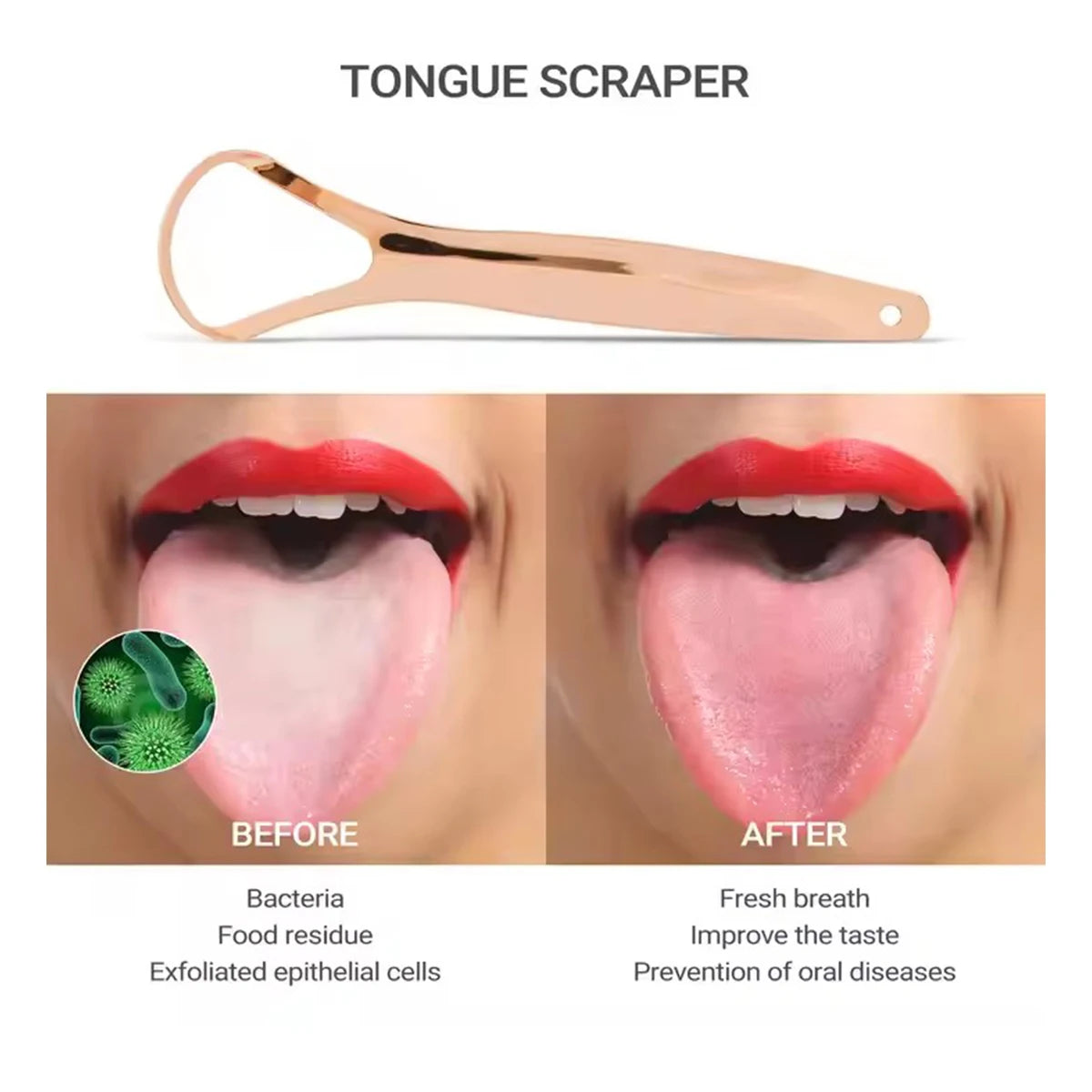 A stainless steel tongue scraper shown before and after use for fresh breath and oral health.