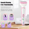 A pink and white 4-in-1 electric shaver with multiple attachments shown on a wooden surface.