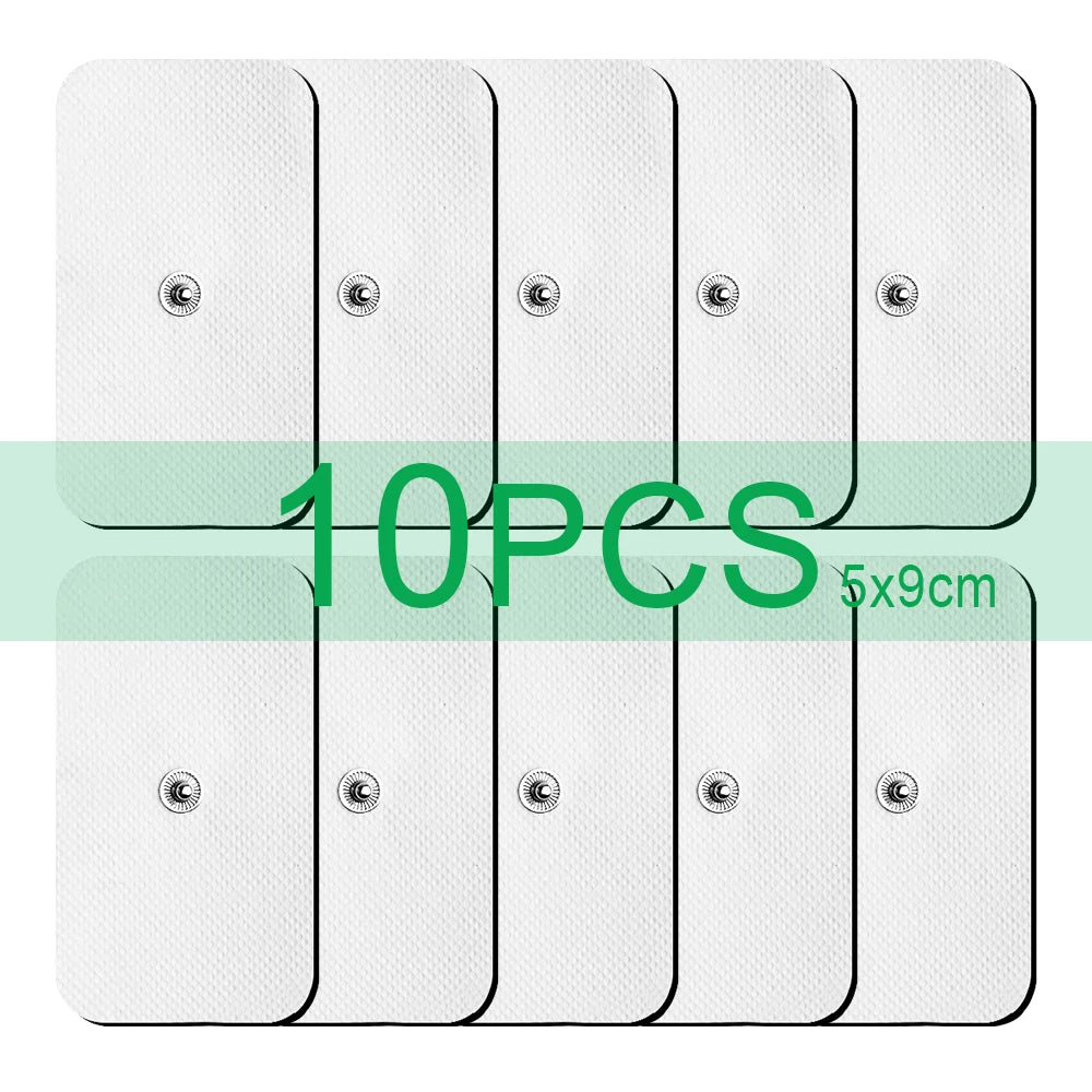 Ten packs of white EMS muscle stimulator electrode pads, measuring 5x9 cm each.