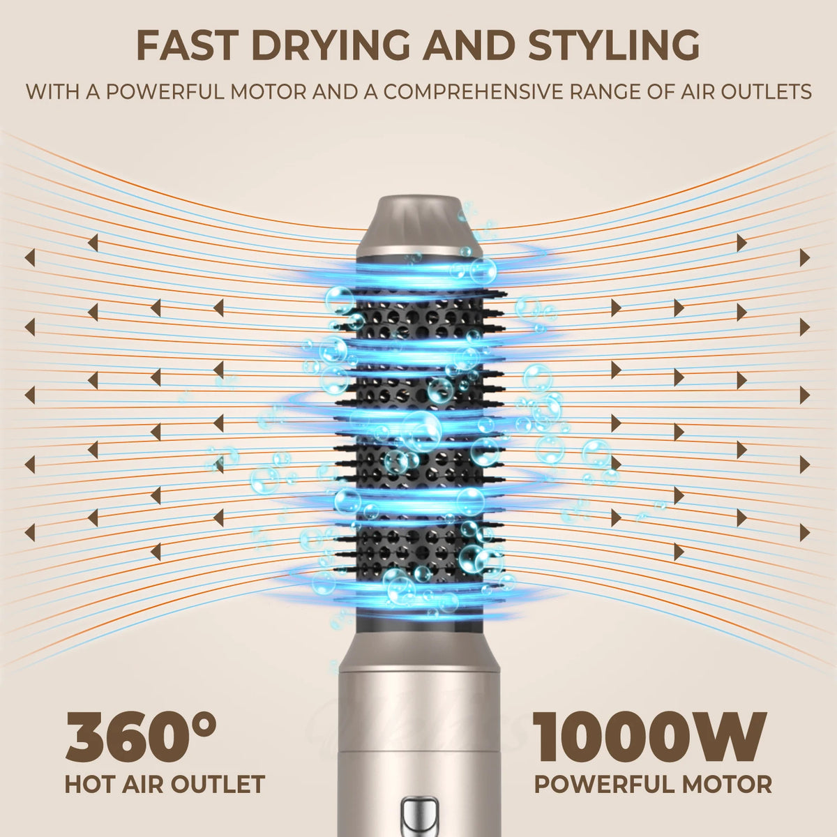 A silver hair dryer with a powerful motor and multiple air outlets demonstrating fast drying and styling capabilities.