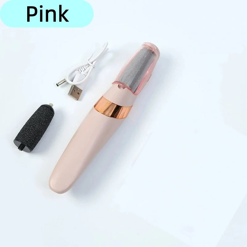 Piedliniseur électrique portable rose avec finition argent et or et cordon blanc.