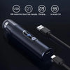 A black mini nose hair trimmer device with a USB connection cable and charging indicators shown on a dark background.