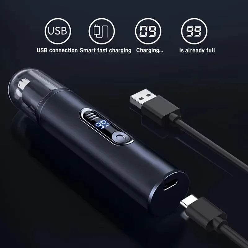 A black mini nose hair trimmer device with a USB connection cable and charging indicators shown on a dark background.