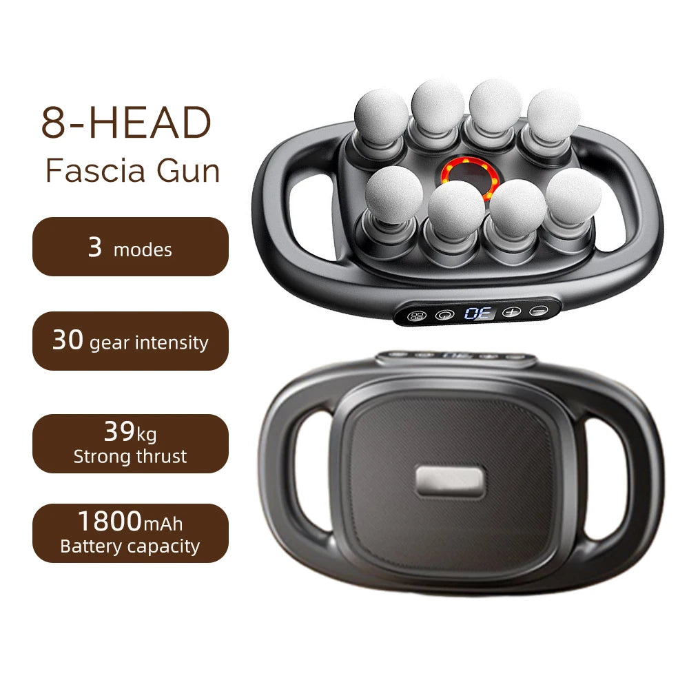 A black 8-head fascia gun muscle relief device with multiple modes and a battery capacity of 1800mAh.