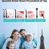 A family is shown with a specialist dental flosser and various jet tips for personalized cleaning.