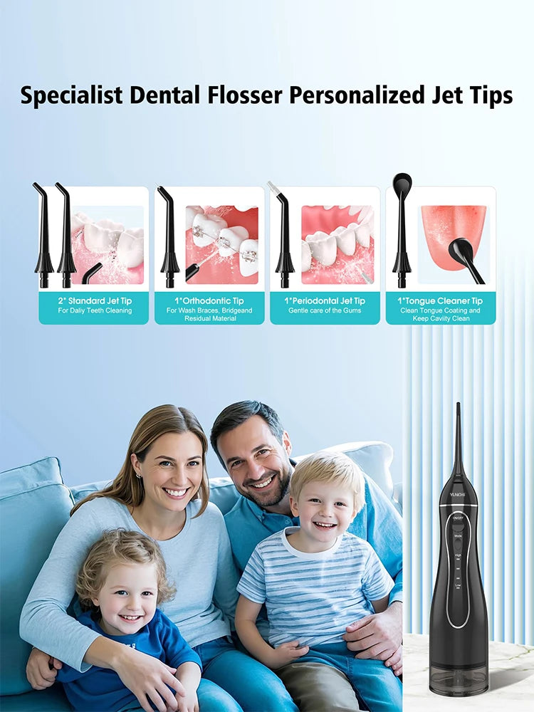 A family is shown with a specialist dental flosser and various jet tips for personalized cleaning.