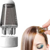 A hand is applying a golden oil from a bottle to the scalp of a person's hair.