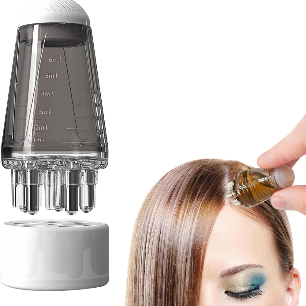 A hand is applying a golden oil from a bottle to the scalp of a person's hair.