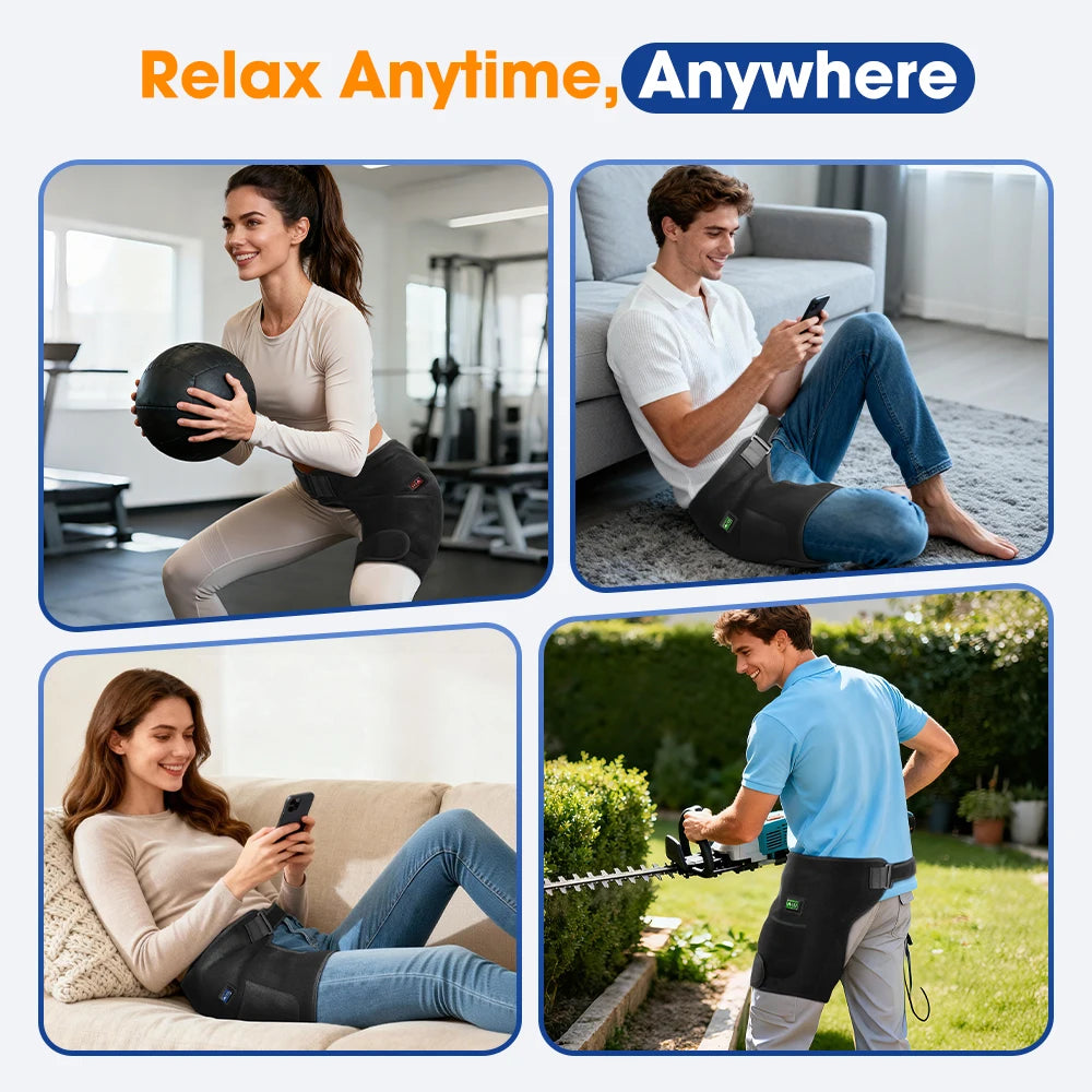 A collection of people using an infrared heat and vibration hip massager belt for relaxation at home and outdoors.