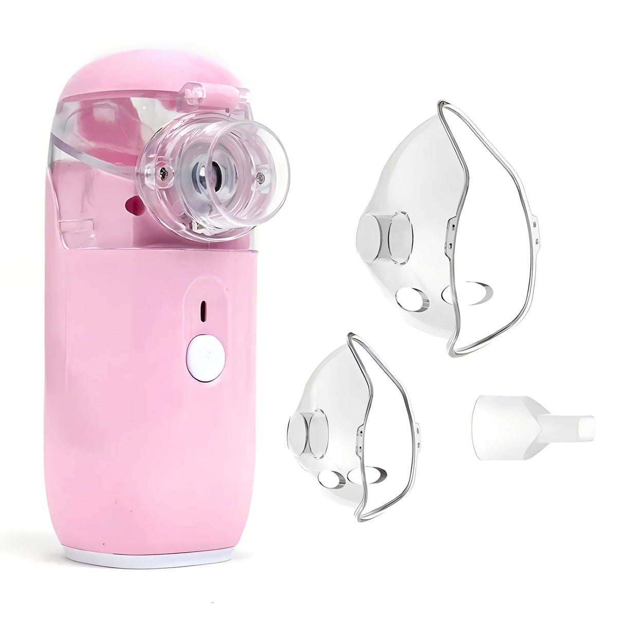 Dispositivo nebulizador ultrasónico portátil rosa con boquilla transparente y componentes separados
