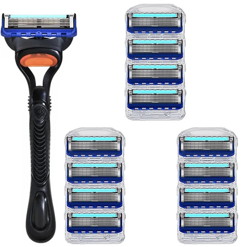 A set of reusable stainless steel shaving heads and a handle for a shaver.