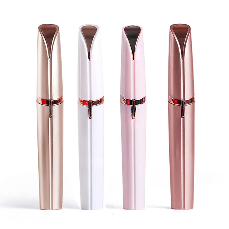 A set of four electric eyebrow trimmers or epilators in rose gold and white packaging.