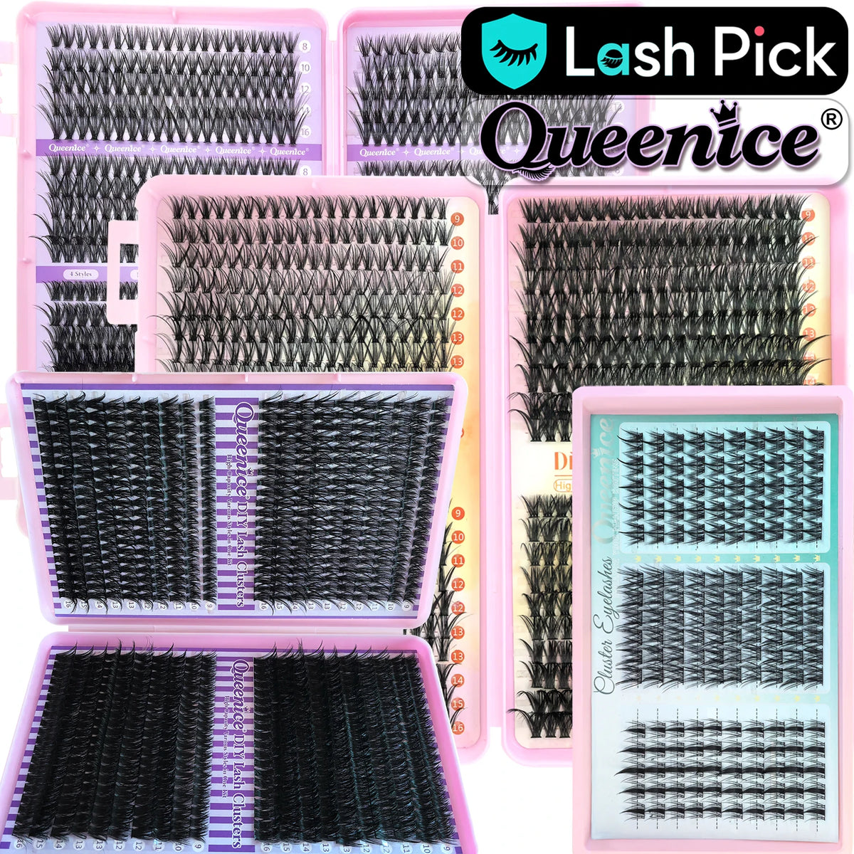 Collection de cils à clusters individuels Lash Pick Queenice, dans diverses nuances et styles.