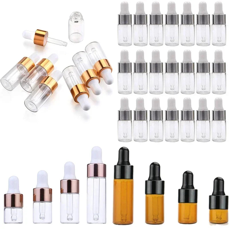 A set of ten glass dropper bottles for essential oils and samples in various sizes and colors.