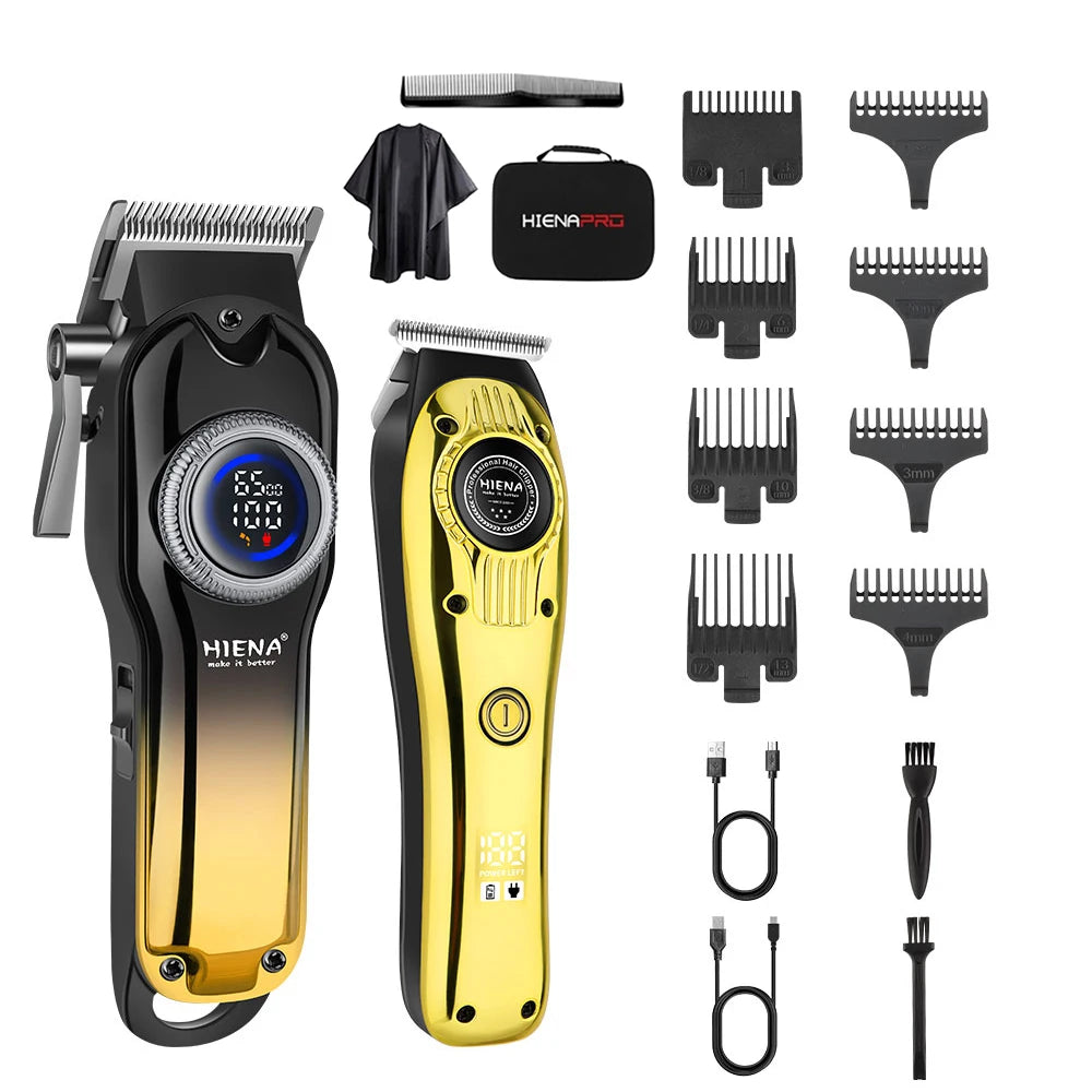 A set of professional electric hair clippers and attachments in black and gold packaging.