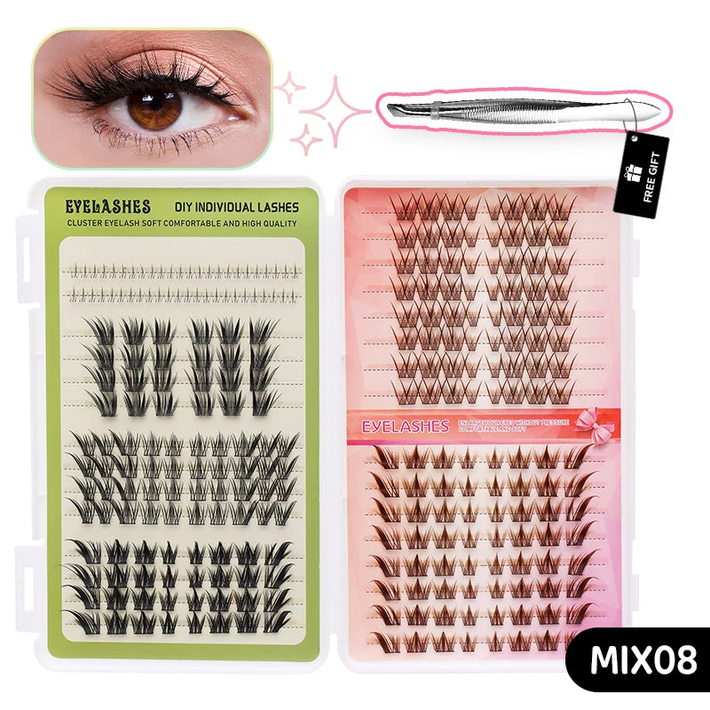Kit DIY pour extensions de cils individuels montrant divers styles et un outil.
