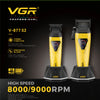 Yellow and black VGR V-877 S2 electric hair trimmer with a precision blade shown on a stand.