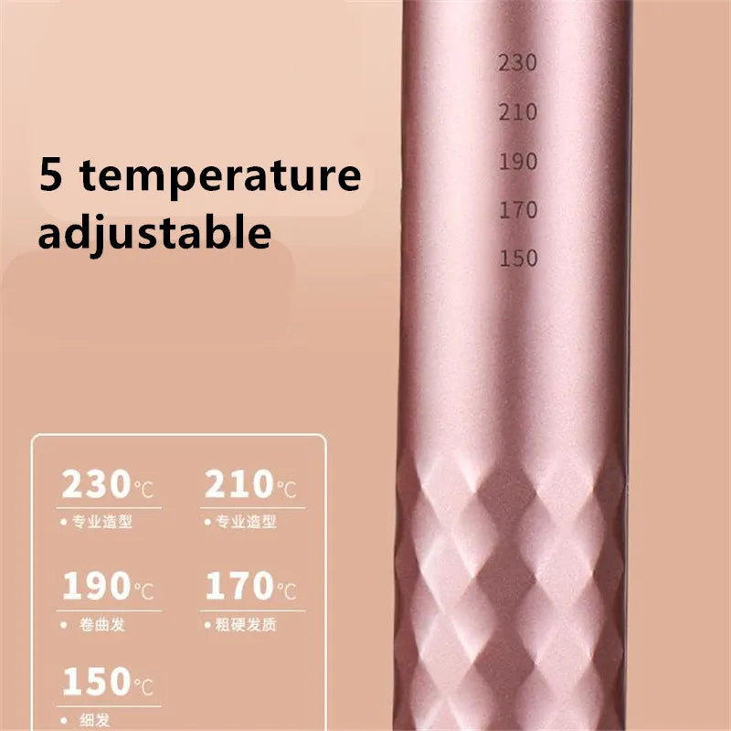 A close-up of a pink ceramic hair curling iron showing temperature settings from 150°C to 230°C.