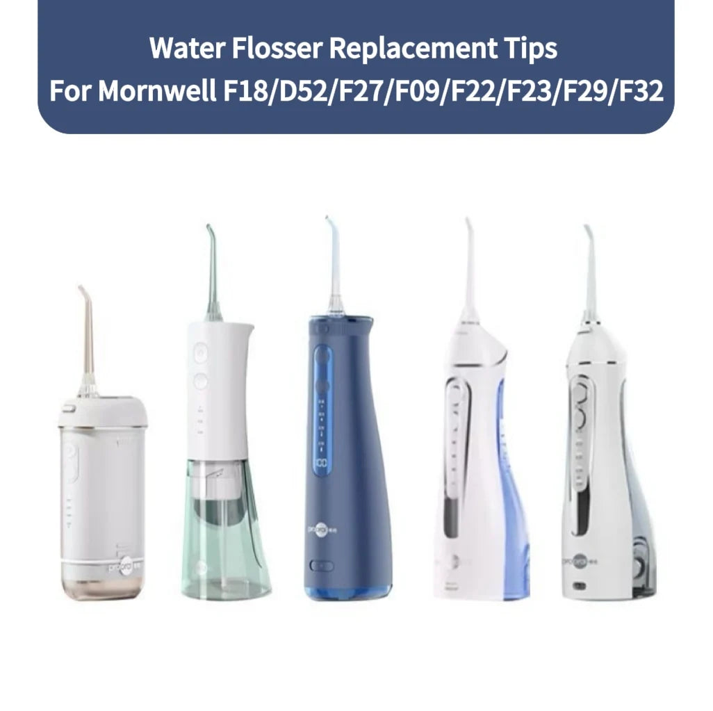A set of five replacement tips for a Mornwell water flosser oral irrigator shown in various colors and angles.