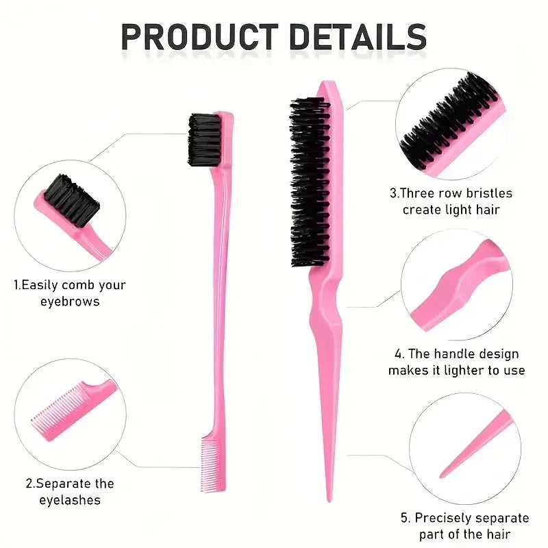 Pink hair styling tool kit featuring a comb and brush for combing eyebrows, separating eyelashes, and parting hair.
