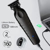 A black cordless electric hair clipper with a lithium battery and charging cable shown on a white background.