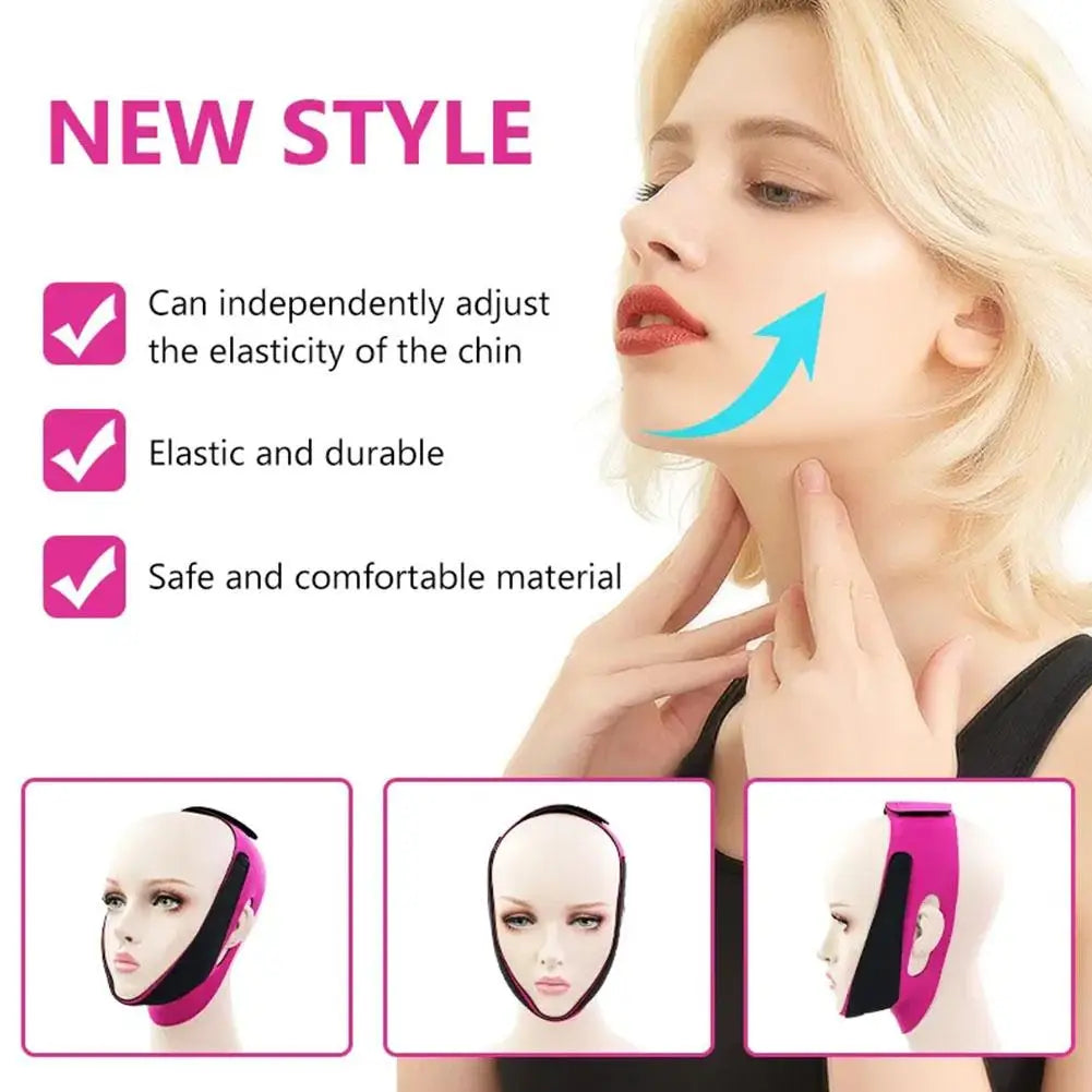 A woman is shown applying a new style 3D facial slimming strap for V-line contouring to her chin.