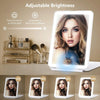 An adjustable LED makeup mirror showing a woman's face with various brightness levels.
