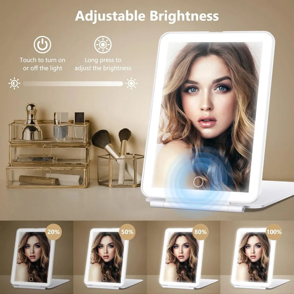 An adjustable LED makeup mirror showing a woman's face with various brightness levels.