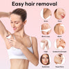 A woman is using a 4-in-1 rechargeable epilator for easy hair removal on various body parts like arms, face, bikini lines, le