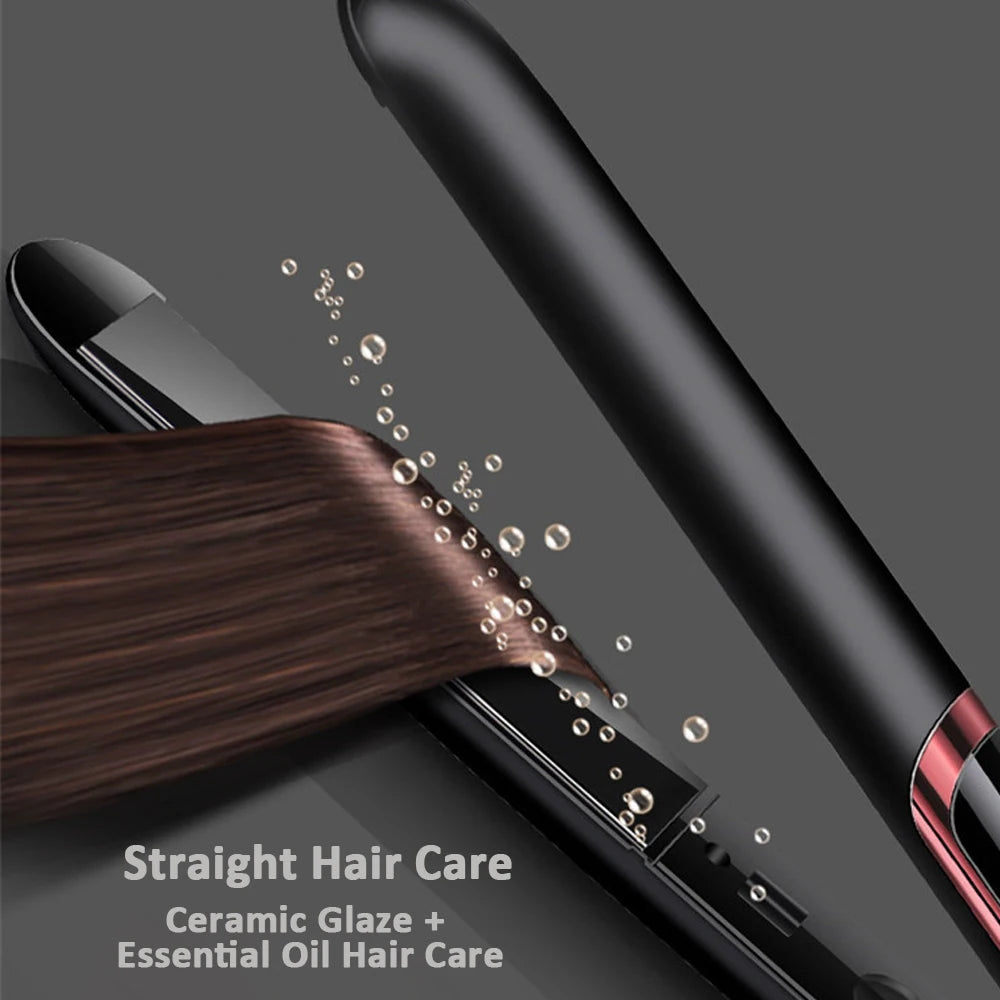 A close-up of a black hair straightener applying heat to dark brown hair, showing steam and glossy finish.