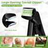 A black large opening toenail clipper with a 6mm blade shown next to various toenails and fingernails.