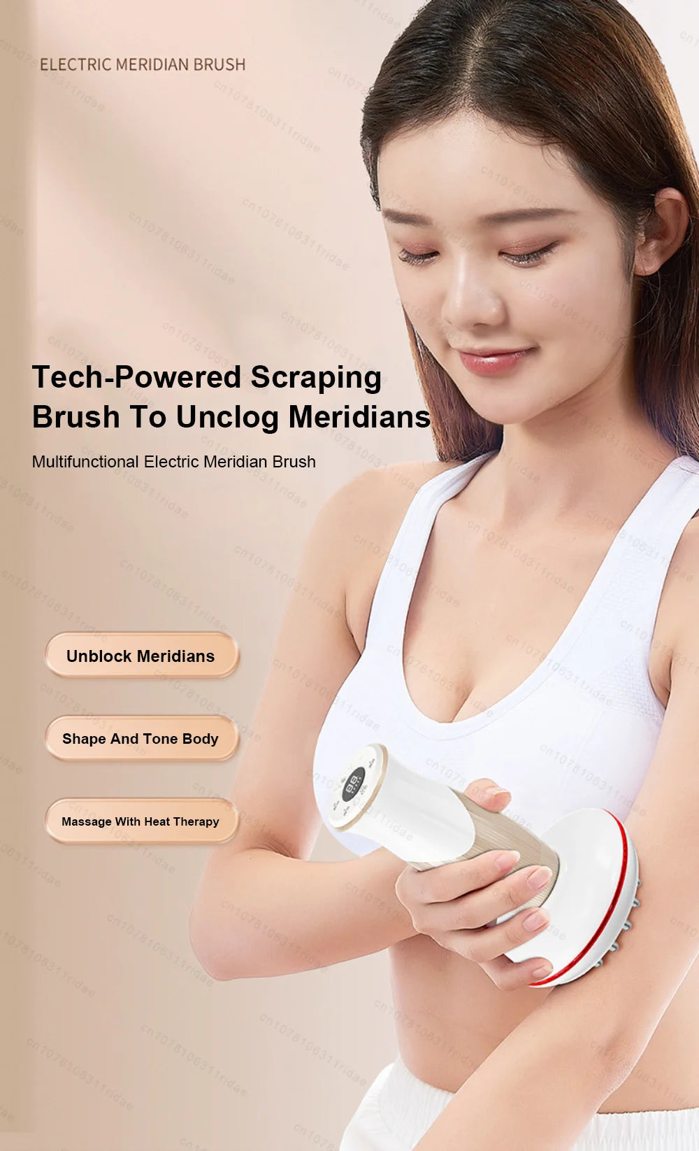 A woman is using a white electric meridian brush for body massage and toning.