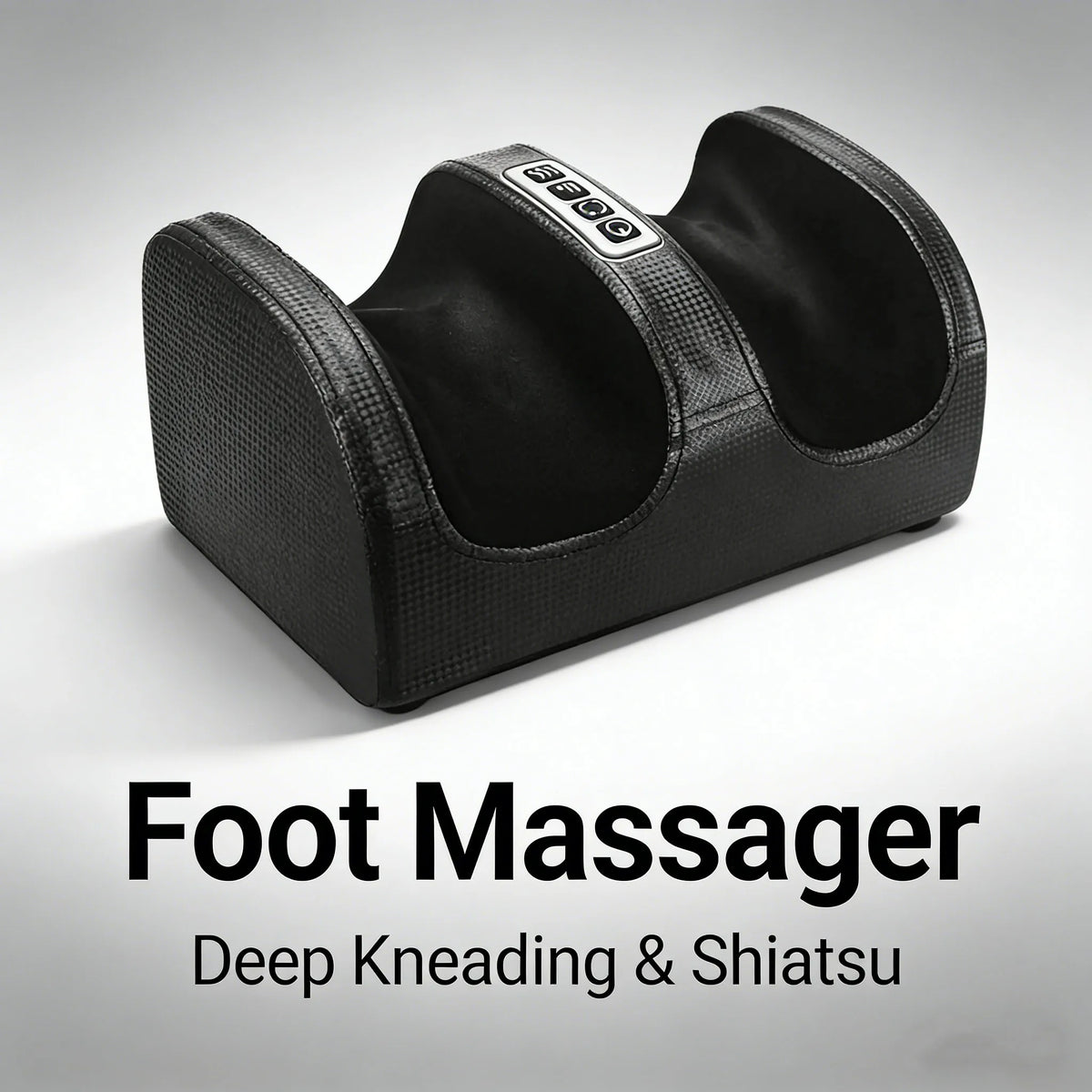 A black foot massager device designed for deep kneading and shiatsu massage.