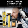 A male hairdresser is using a professional electric hair clipper and trimmer set for grooming.