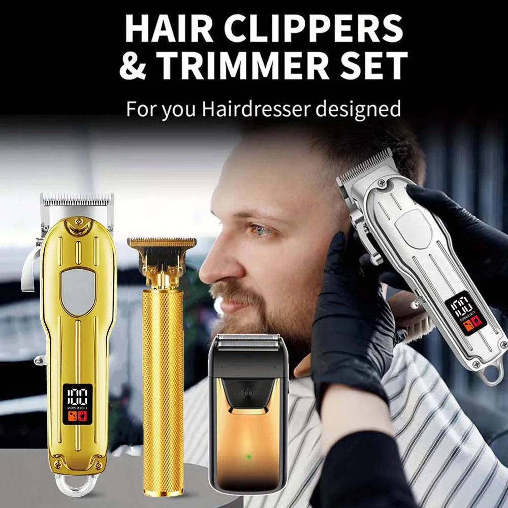 A male hairdresser is using a professional electric hair clipper and trimmer set for grooming.