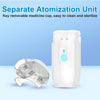 A white portable mesh nebulizer unit with a removable medicine cup is shown on a light blue background.