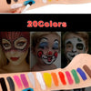 A hand displays a palette of 20 vibrant, non-toxic body paint colors used for art and cosplay makeup.