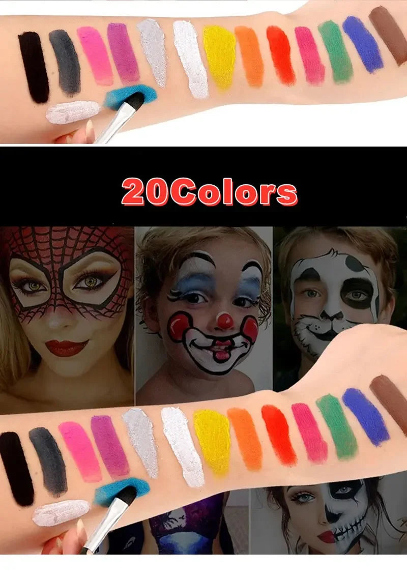 A hand displays a palette of 20 vibrant, non-toxic body paint colors used for art and cosplay makeup.