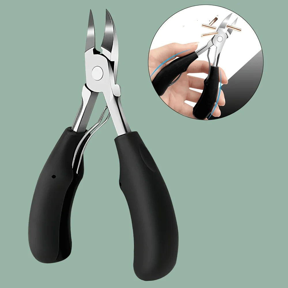 A pair of black professional stainless steel nail clippers shown with a close-up view of the cutting mechanism.