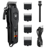 A black professional cordless hair clipper set with various attachments and a power cord.