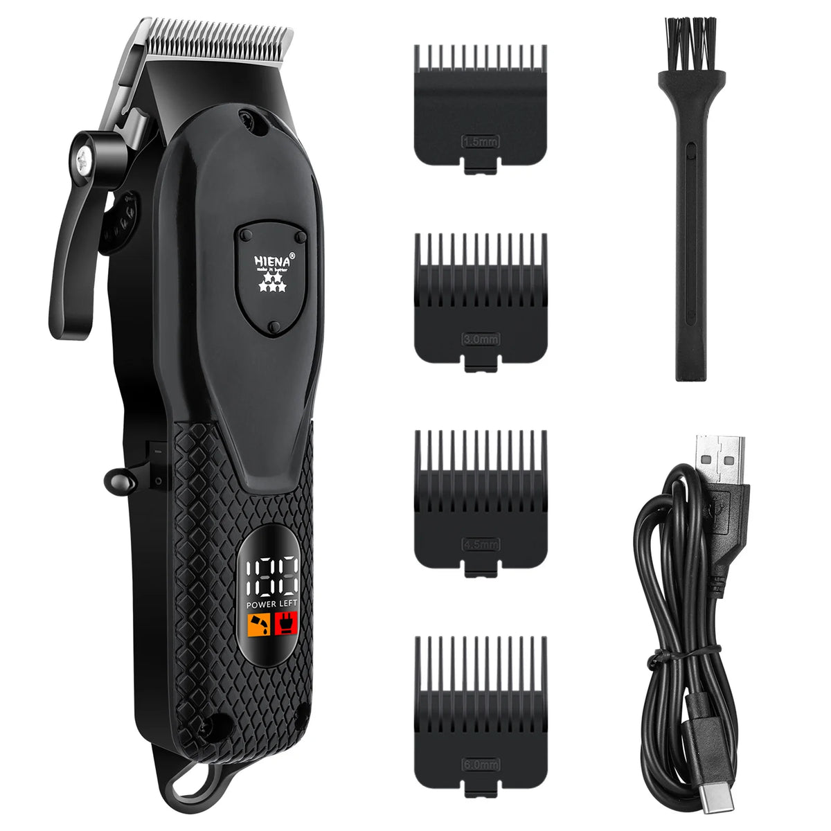 A black professional cordless hair clipper set with various attachments and a power cord.