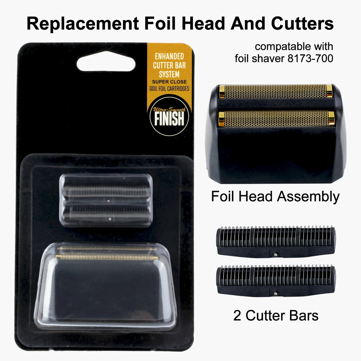Replacement foil head and cutters for a foil shaver, including a foil head assembly and two cutter bars.