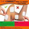 Diagram showing the correct and incorrect way to touch an electrode pad on the skin for muscle stimulation devices