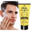 A tube of Yuitikue Bee Bald Post-Shave Healing Balm for men next to a man applying the balm on his face.