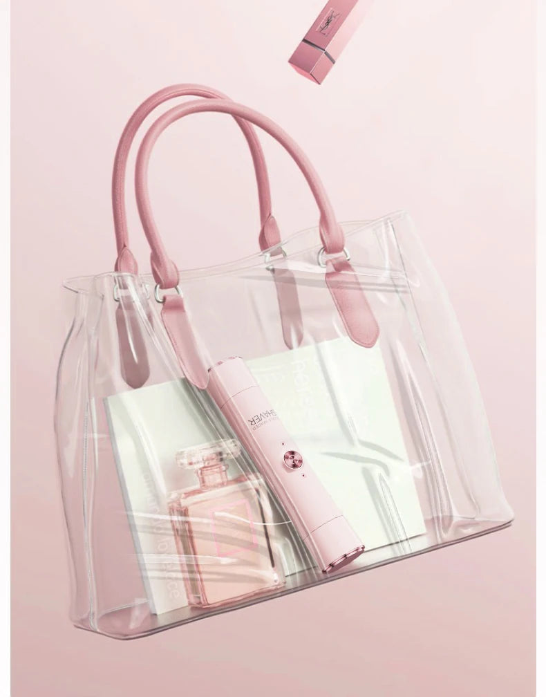 A clear pink double-head electric epilator bag with pink handles and a pink product inside.