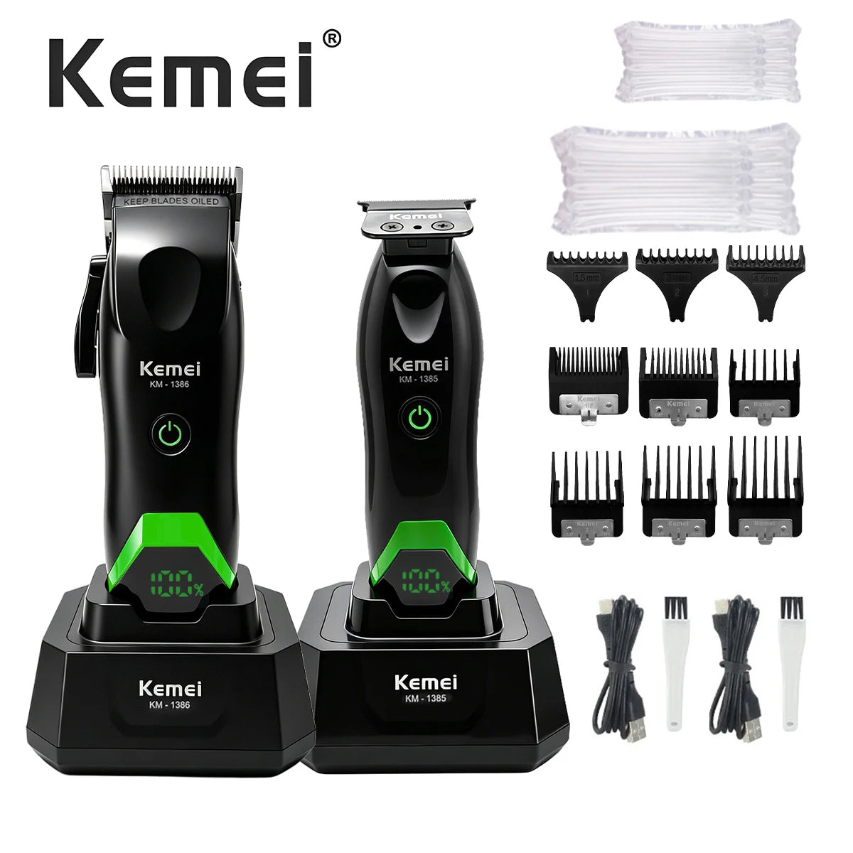 A set of black Kemei LED hair clippers and trimmers with various guard attachments.